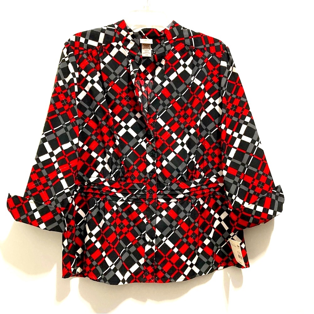 NEW Covington Women’s Black Red Checkerboard Button Down V Neck Peplum Shirt